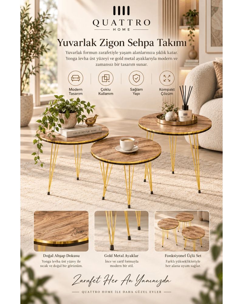 Ceviz Desenli Gold Metal Ayaklı 3'lü Zigon Sehpa Takımı