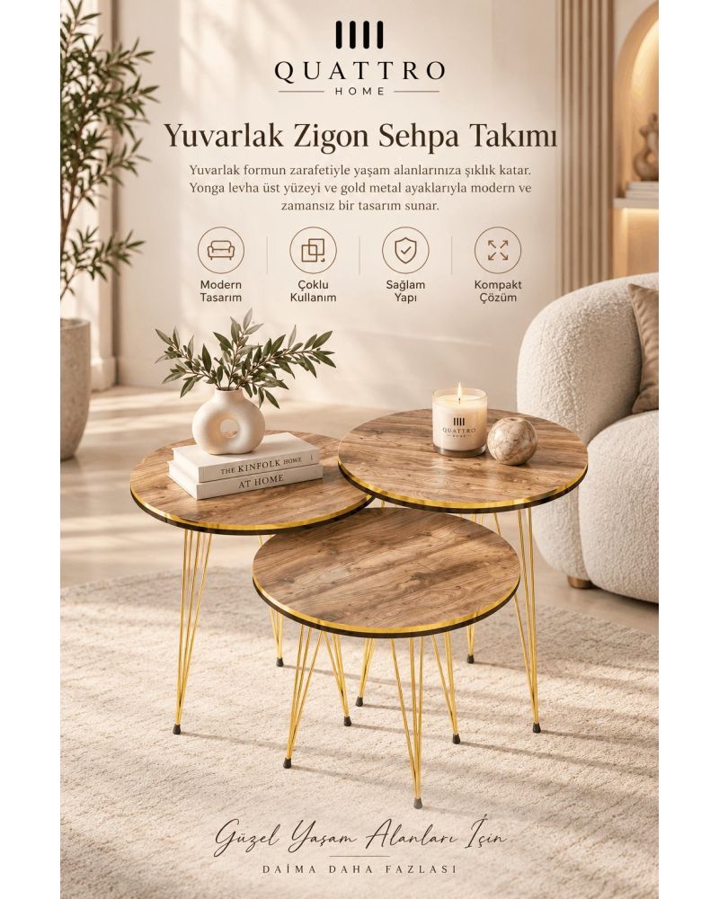 Ceviz Desenli Gold Metal Ayaklı 3'lü Zigon Sehpa Takımı