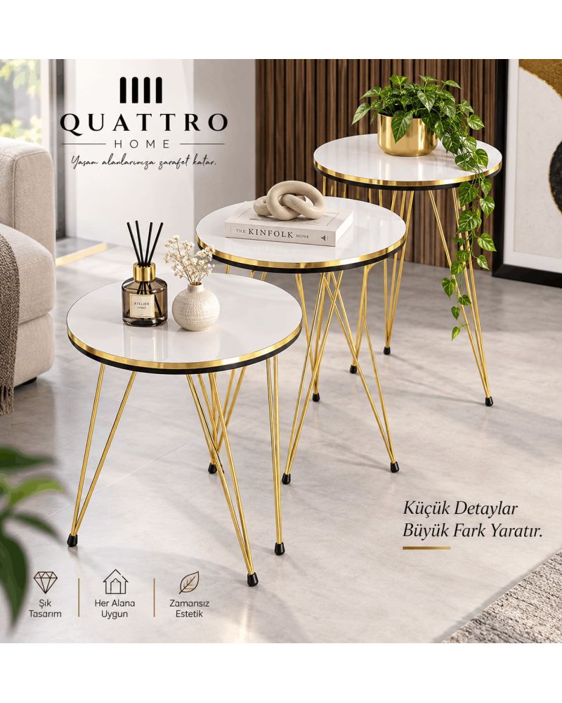 Beyaz Renkli Gold Metal Ayaklı 3'lü Yuvarlak Zigon Sehpa Takımı