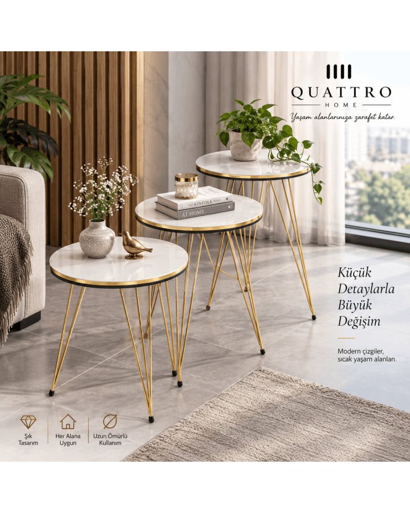 Beyaz Renkli Gold Metal Ayaklı 3'lü Yuvarlak Zigon Sehpa Takımı