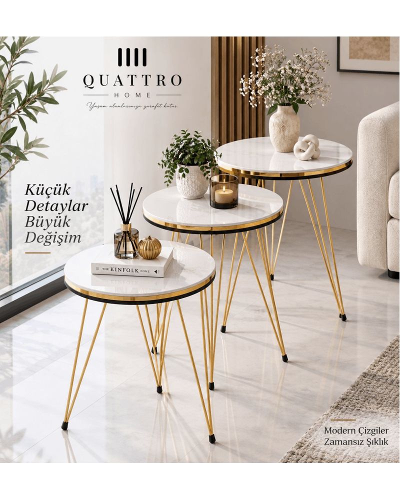 Beyaz Renkli Gold Metal Ayaklı 3'lü Yuvarlak Zigon Sehpa Takımı