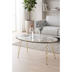Gold Tel Oval Orta Sehpa Beyaz Mermer Desenli