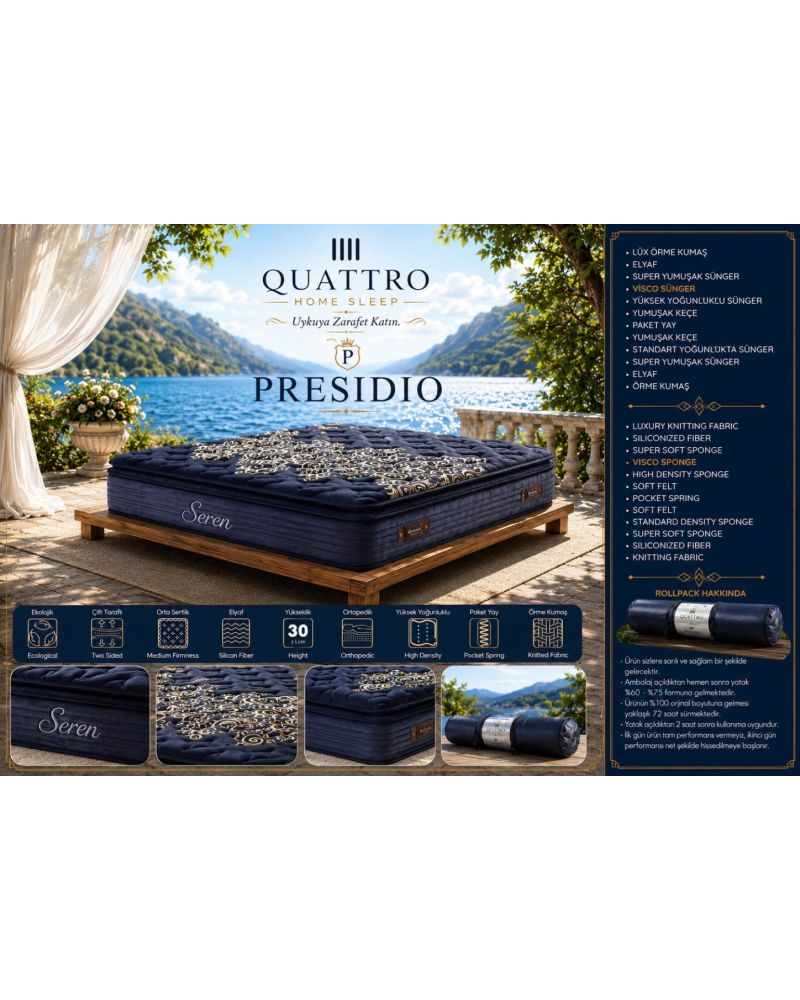 Presidio Pocket Yaylı Visco Yatak Ortopedik Çift Taraflı Yatak 30 cm Roll Pack Orta Sert