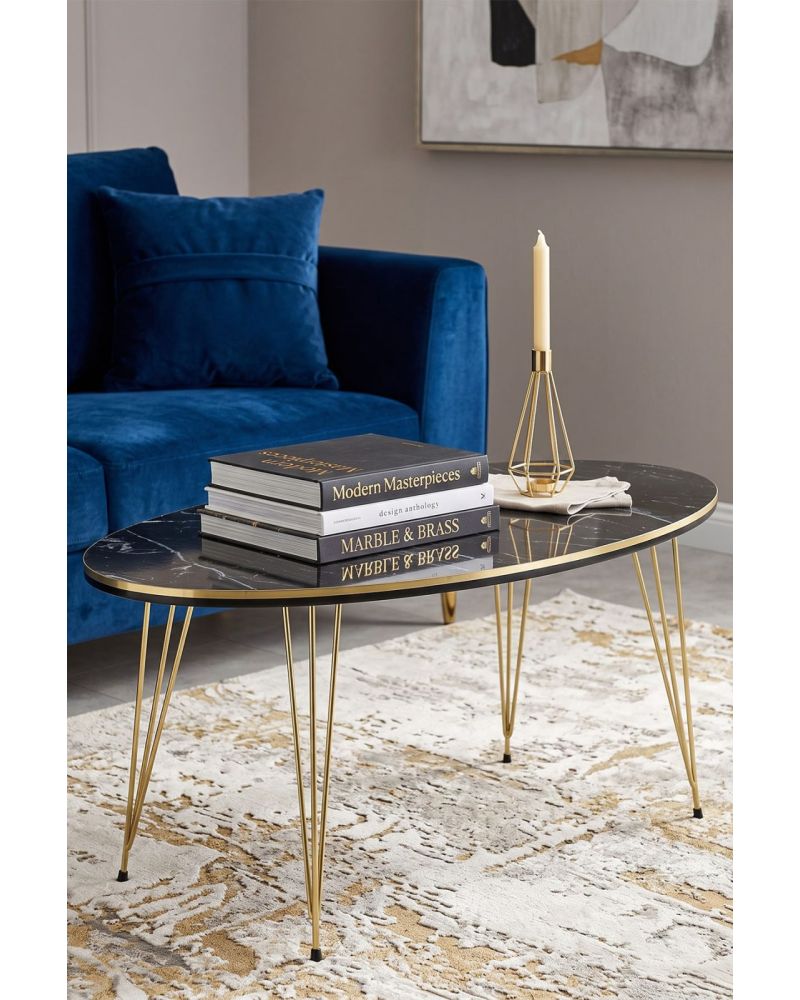 Oval Mermer Desenli Siyah Orta Sehpa Gold Metal Ayaklı