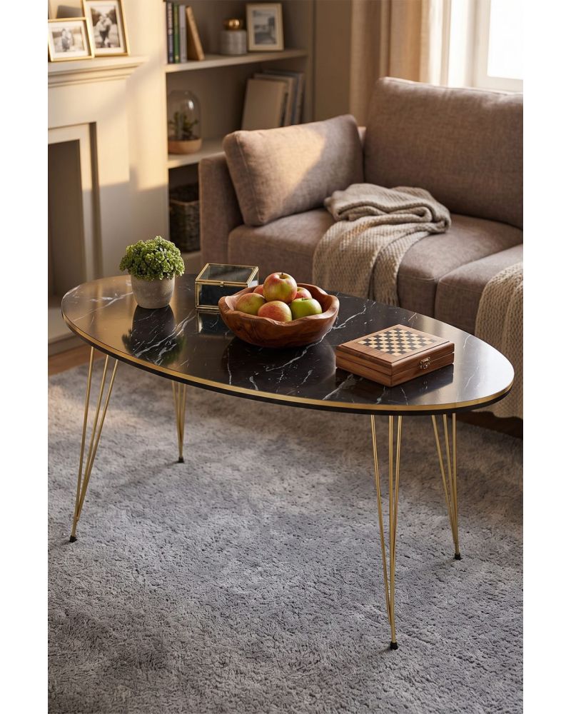 Oval Mermer Desenli Siyah Orta Sehpa Gold Metal Ayaklı