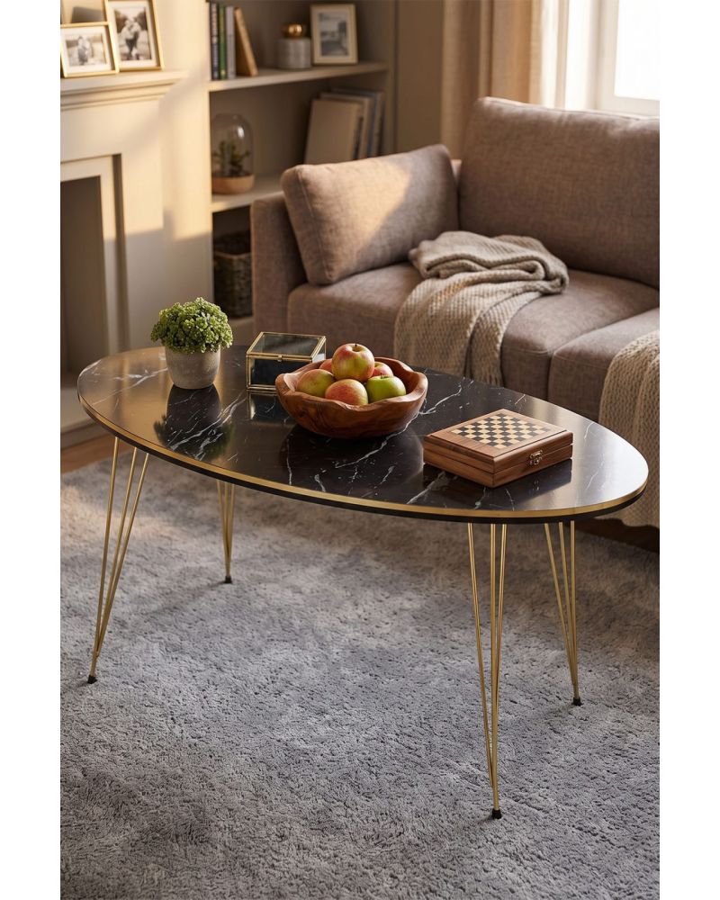 Oval Mermer Desenli Siyah Orta Sehpa Gold Metal Ayaklı