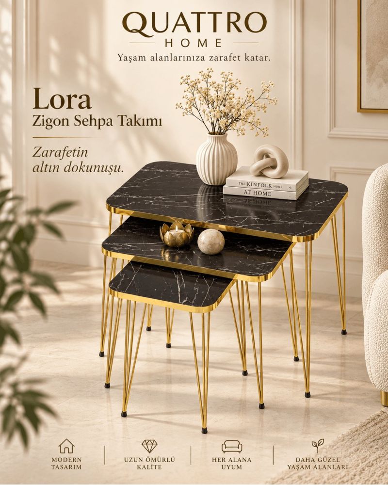 Siyah Mermer Desenli Gold Metal Ayaklı 3'lü Zigon Sehpa Takımı