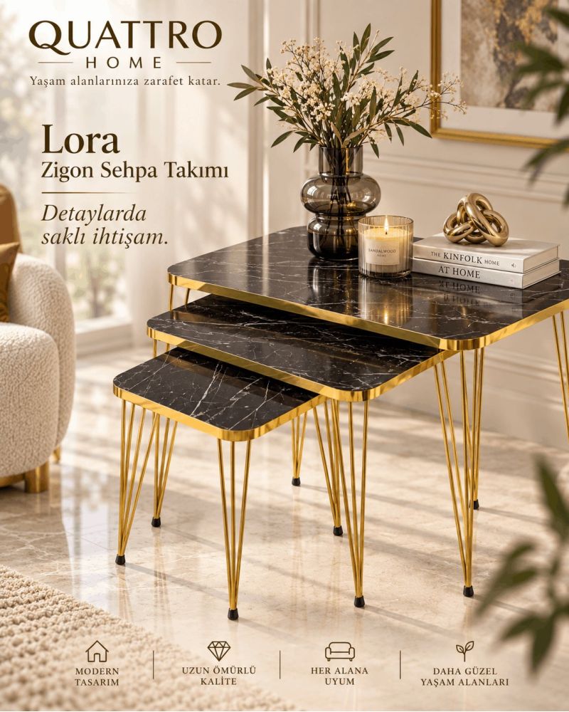 Siyah Mermer Desenli Gold Metal Ayaklı 3'lü Zigon Sehpa Takımı