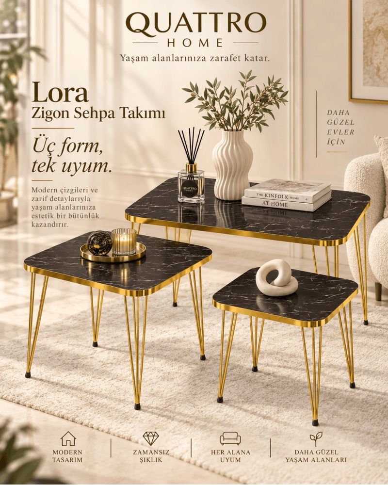 Siyah Mermer Desenli Gold Metal Ayaklı 3'lü Zigon Sehpa Takımı