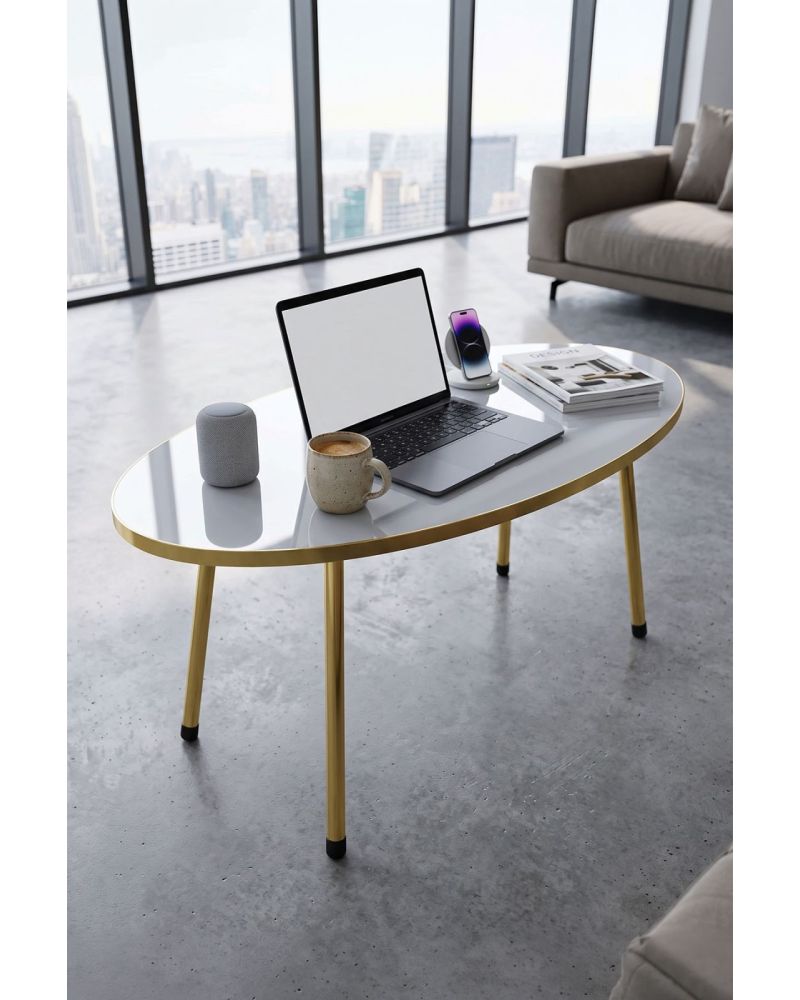 Gold Metal Ayaklı Beyaz Oval Orta Sehpa