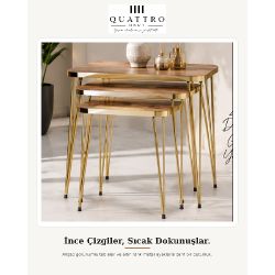 Ceviz Desenli Gold Metal Ayaklı 3'lü Zigon Sehpa Takımı