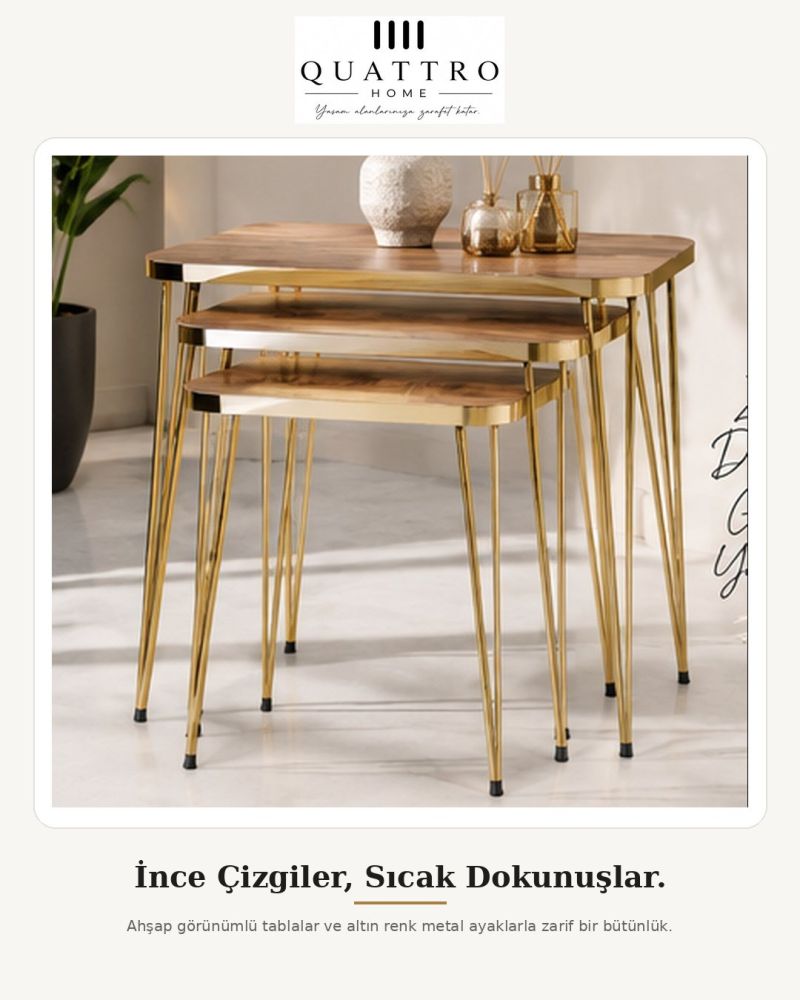 Ceviz Desenli Gold Metal Ayaklı 3'lü Zigon Sehpa Takımı