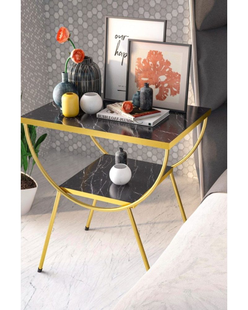 Gold Metal Yan Sehpa Bendir Siyah Mermer Desenli