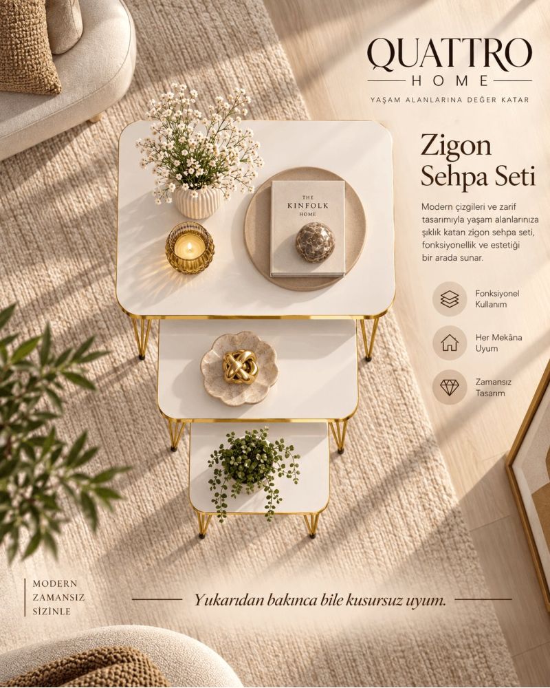 Gold Tel Zigon Sehpa Takımı Beyaz ve Gold Renk 3'lü