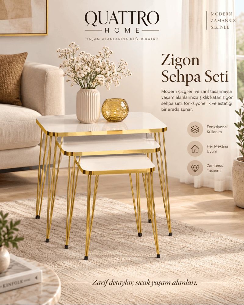 Gold Tel Zigon Sehpa Takımı Beyaz ve Gold Renk 3'lü