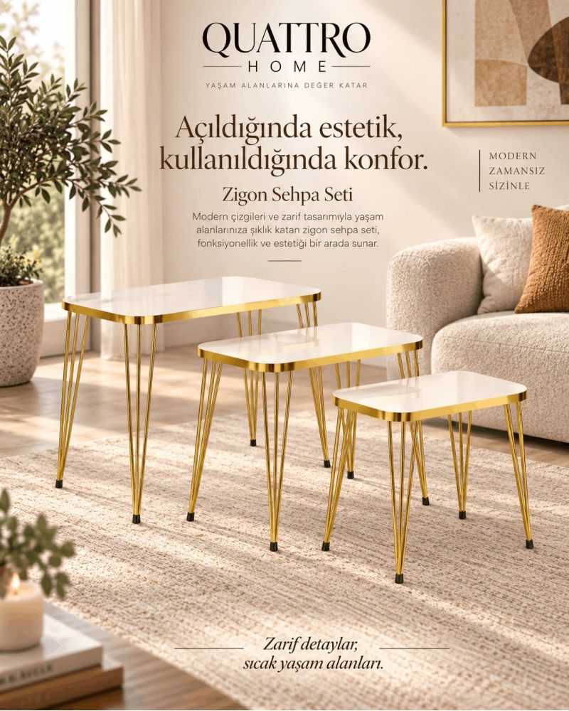 Gold Tel Zigon Sehpa Takımı Beyaz ve Gold Renk 3'lü
