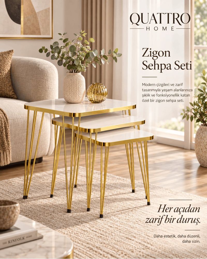 Gold Tel Zigon Sehpa Takımı Beyaz ve Gold Renk 3'lü