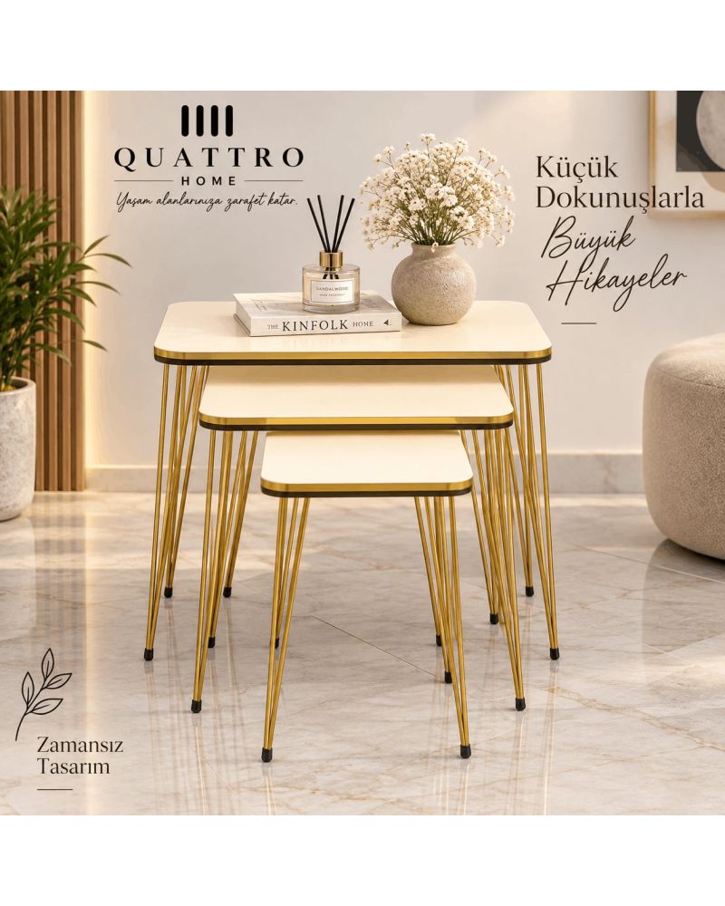 Gold Tel Zigon Sehpa Takımı Krem Bej 3'lü