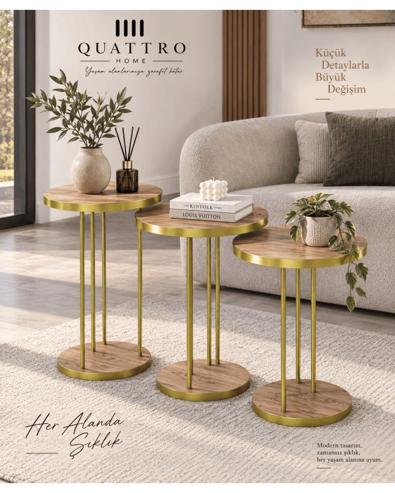 Ceviz Desenli Gold Metal Ayaklı 3'lü Zigon Sehpa Takımı