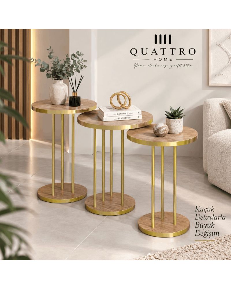 Ceviz Desenli Gold Metal Ayaklı 3'lü Zigon Sehpa Takımı