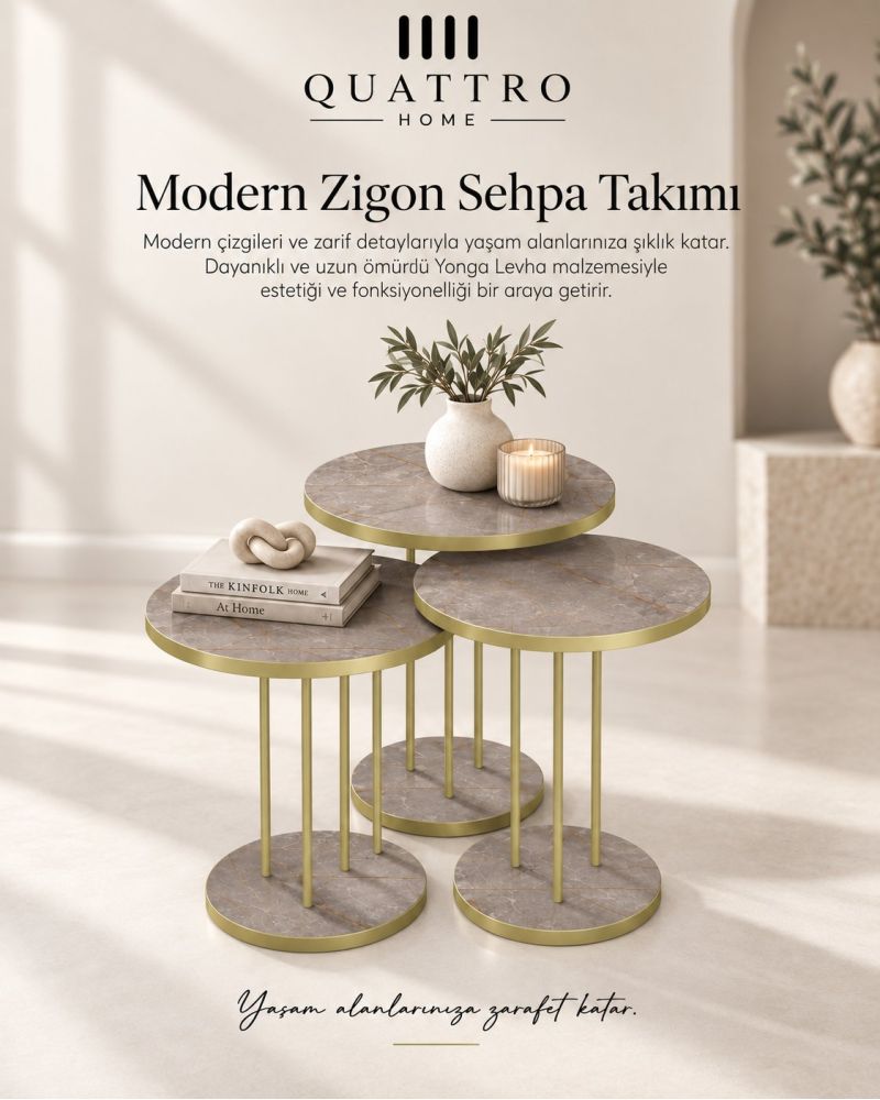 3'lü Yuvarlak Zigon Sehpa Takımı Çam Desenli Kahverengi ve Gold Metal Ayaklı