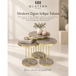 3'lü Yuvarlak Zigon Sehpa Takımı Çam Desenli Kahverengi ve Gold Metal Ayaklı
