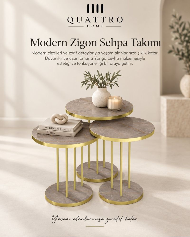 3'lü Yuvarlak Zigon Sehpa Takımı Çam Desenli Kahverengi ve Gold Metal Ayaklı