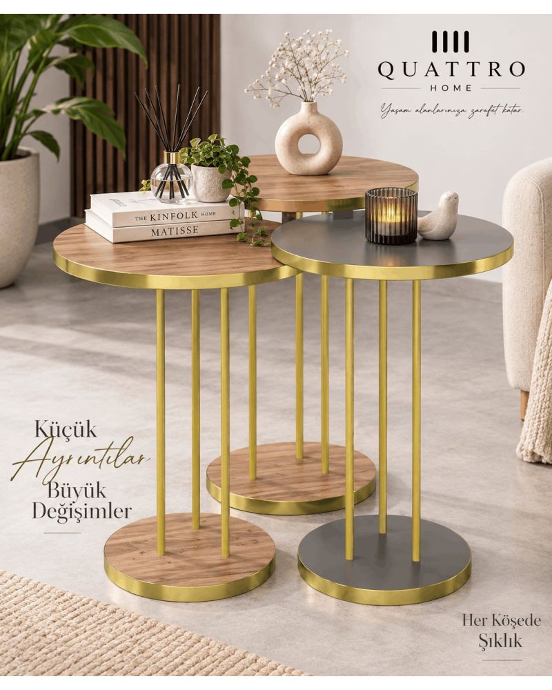 Ceviz Desenli Gold Metal Ayaklı 3'lü Zigon Sehpa Takımı