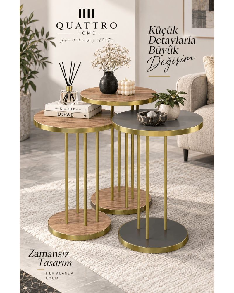 Ceviz Desenli Gold Metal Ayaklı 3'lü Zigon Sehpa Takımı