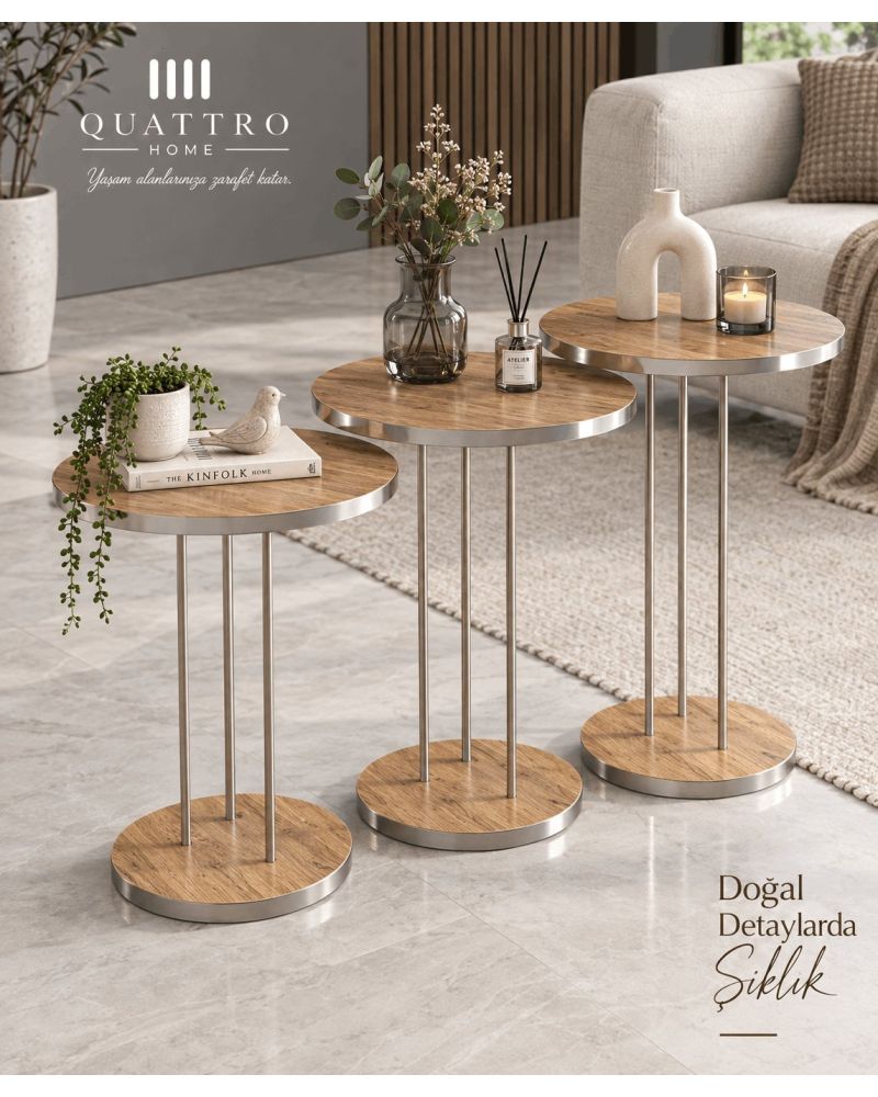 Ceviz Desenli Gümüş Metal Ayaklı 3'lü Zigon Sehpa Takımı