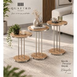 Ceviz Desenli Gümüş Metal Ayaklı 3'lü Zigon Sehpa Takımı