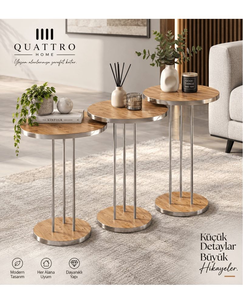 Ceviz Desenli Gümüş Metal Ayaklı 3'lü Zigon Sehpa Takımı