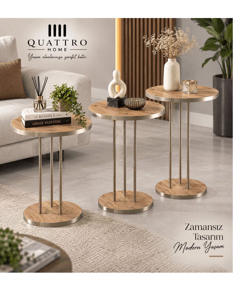 Ceviz Desenli Gümüş Metal Ayaklı 3'lü Zigon Sehpa Takımı