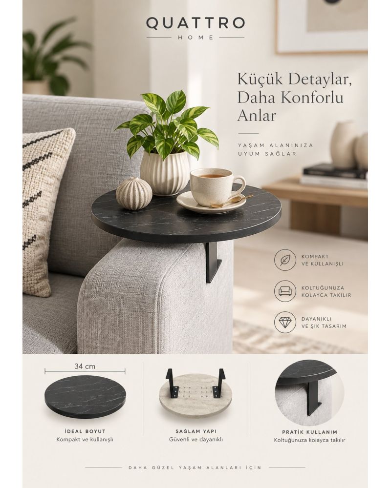 Ayarlanabilir Koltuk Yanı Tepsi Sehpa Siyah Mermer Desenli