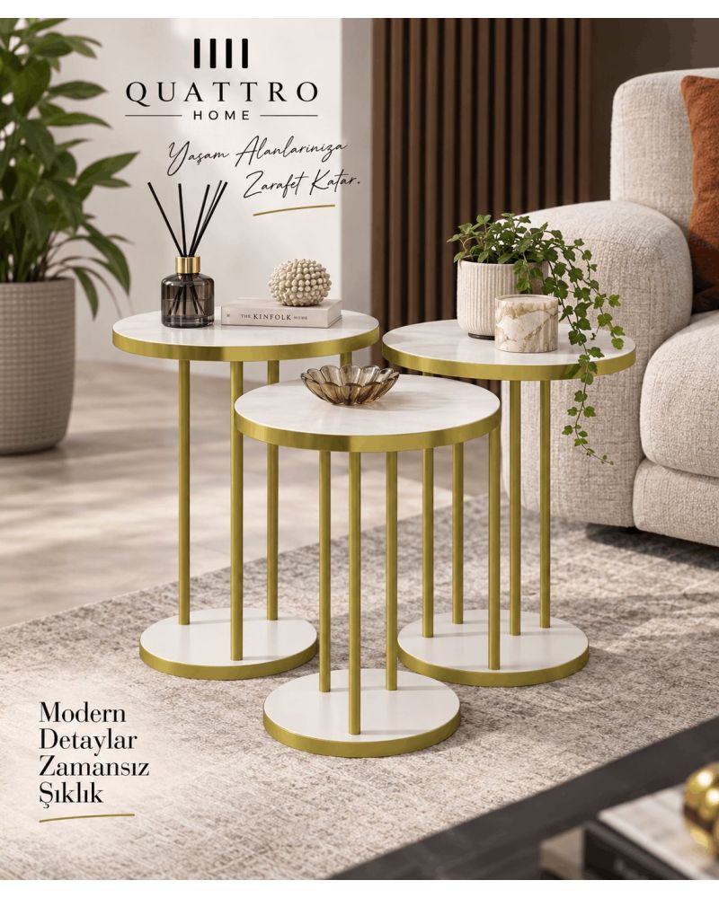 Beyaz Renkli Gold Metal Ayaklı 3'lü Zigon Sehpa Takımı