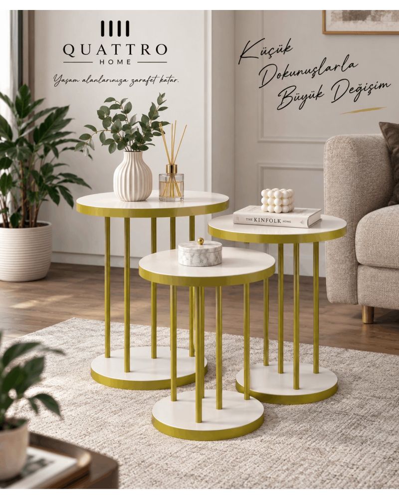 Beyaz Renkli Gold Metal Ayaklı 3'lü Zigon Sehpa Takımı