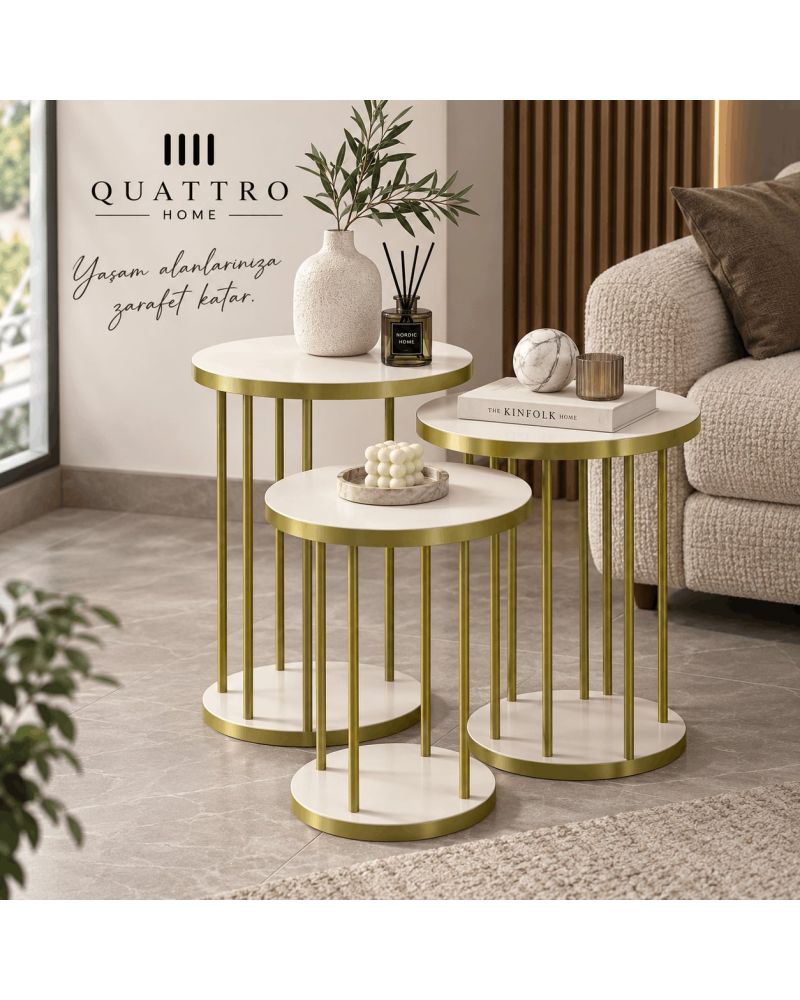 Beyaz Renkli Gold Metal Ayaklı 3'lü Zigon Sehpa Takımı