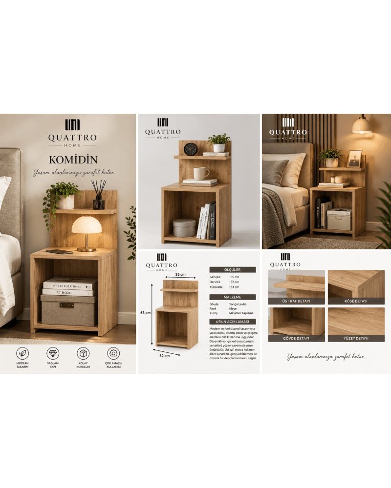 Ceviz Desenli Açık Raflı Komodin ve Yan Sehpa