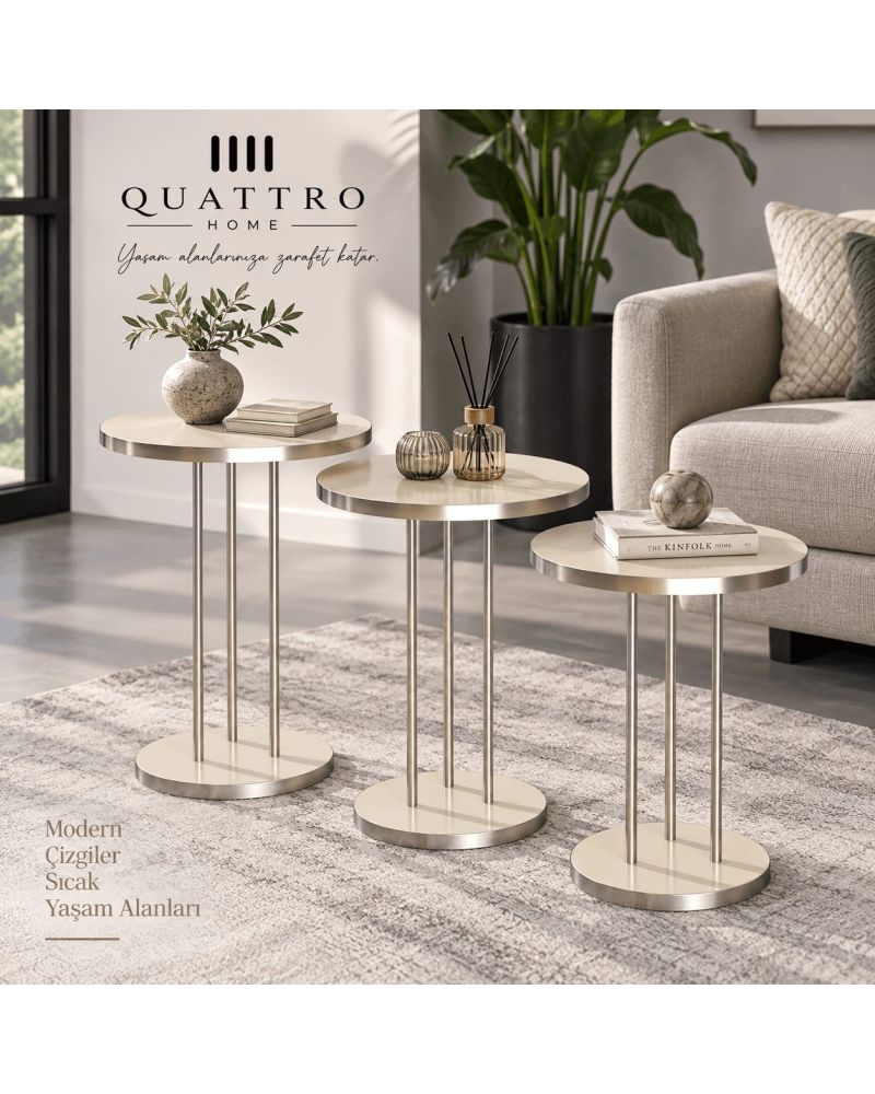 Gümüş Metal Ayaklı Krem Bej 3'lü Zigon Sehpa Takımı