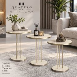 Gümüş Metal Ayaklı Krem Bej 3'lü Zigon Sehpa Takımı