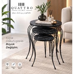 Lükens Ayaklı Mermer Desenli Siyah 3'lü Zigon Sehpa Takımı