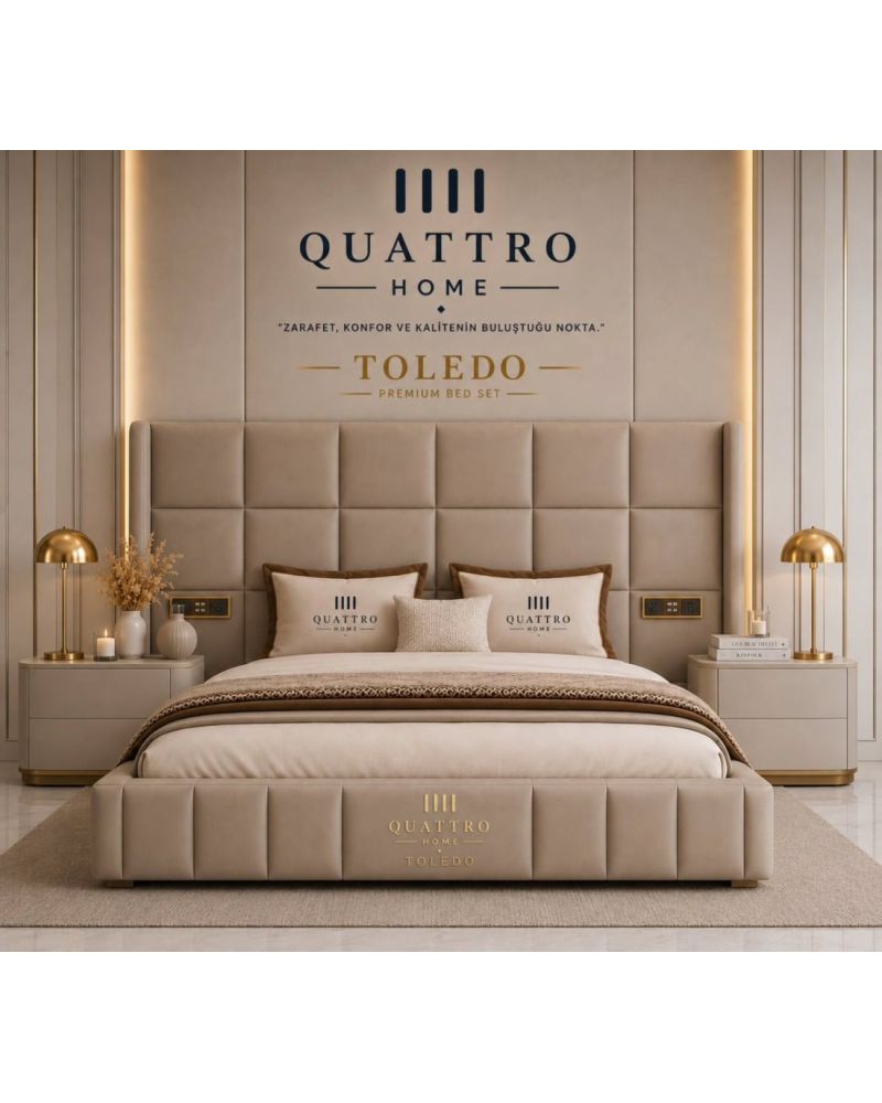 Toledo Premium Çift Kişilik Döşemeli Baza Başlık Seti – Bej ve Gold Detaylı
