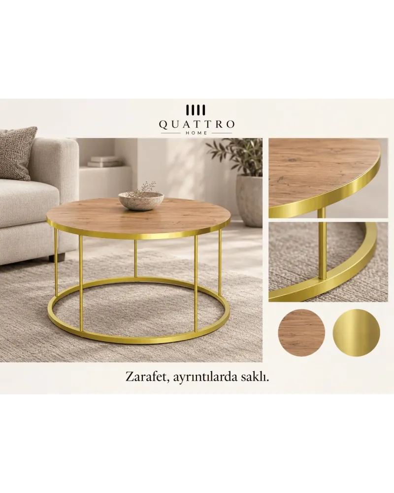 Çekmeceli Yuvarlak Orta Sehpa - Ceviz ve Gold Ayaklı