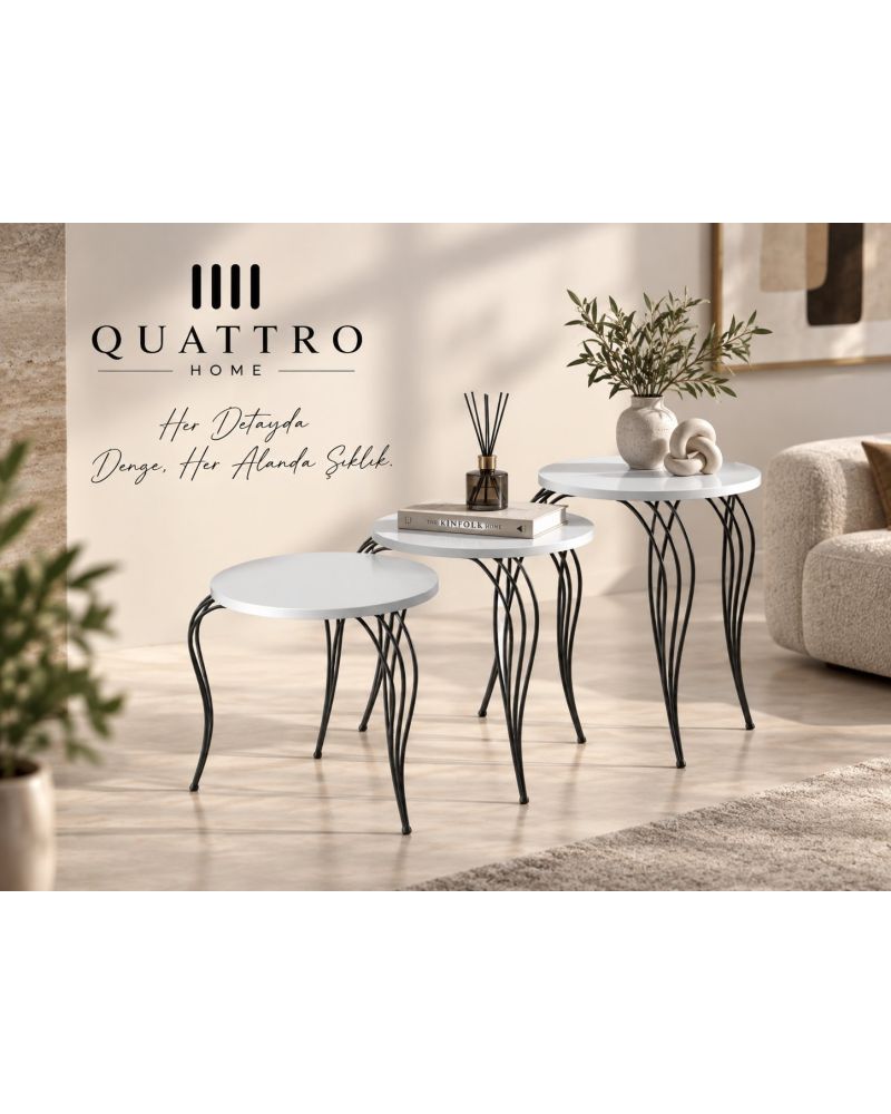 Beyaz Yuvarlak Lükens Ayaklı 3'lü Zigon Sehpa Takımı