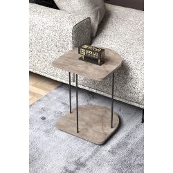 Tekerlekli Oval Servis Sehpası Mermer Desenli Gri