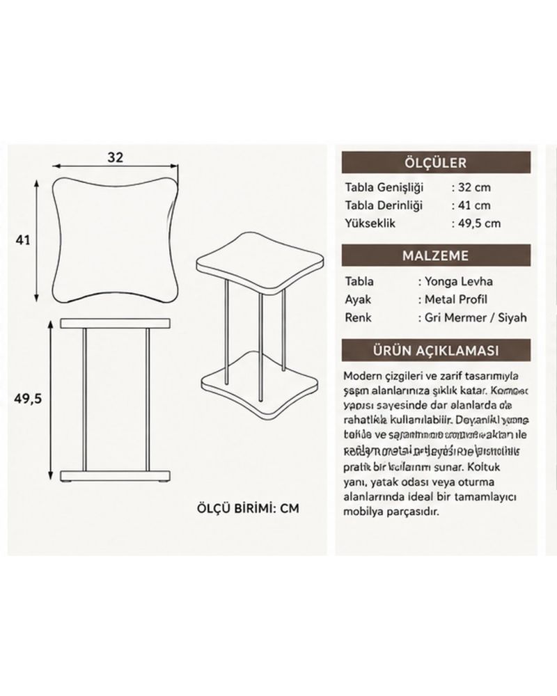 Yan Sehpa Tekerlekli Metal Ayaklı Servis Sehpası