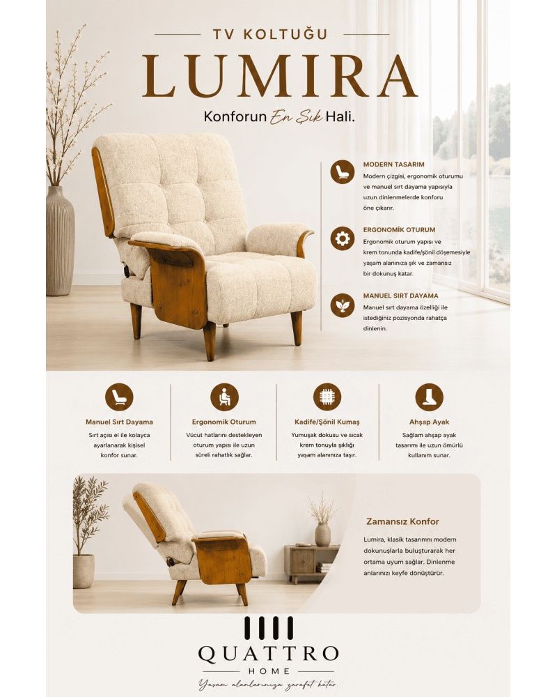 Lumira TV Koltuğu Manuel Sırt Dayamalı Kadife Şönil Kumaş Berjer