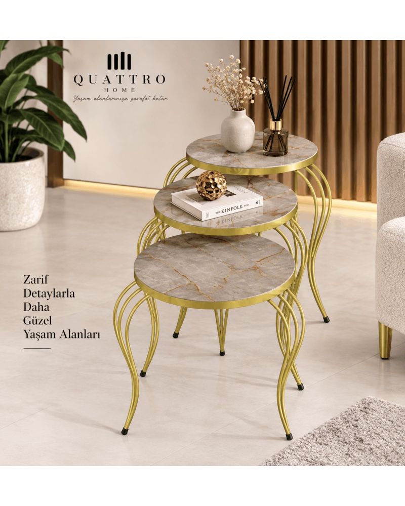 Gri ve Gold Lükens Ayaklı 3'lü Zigon Sehpa Takımı