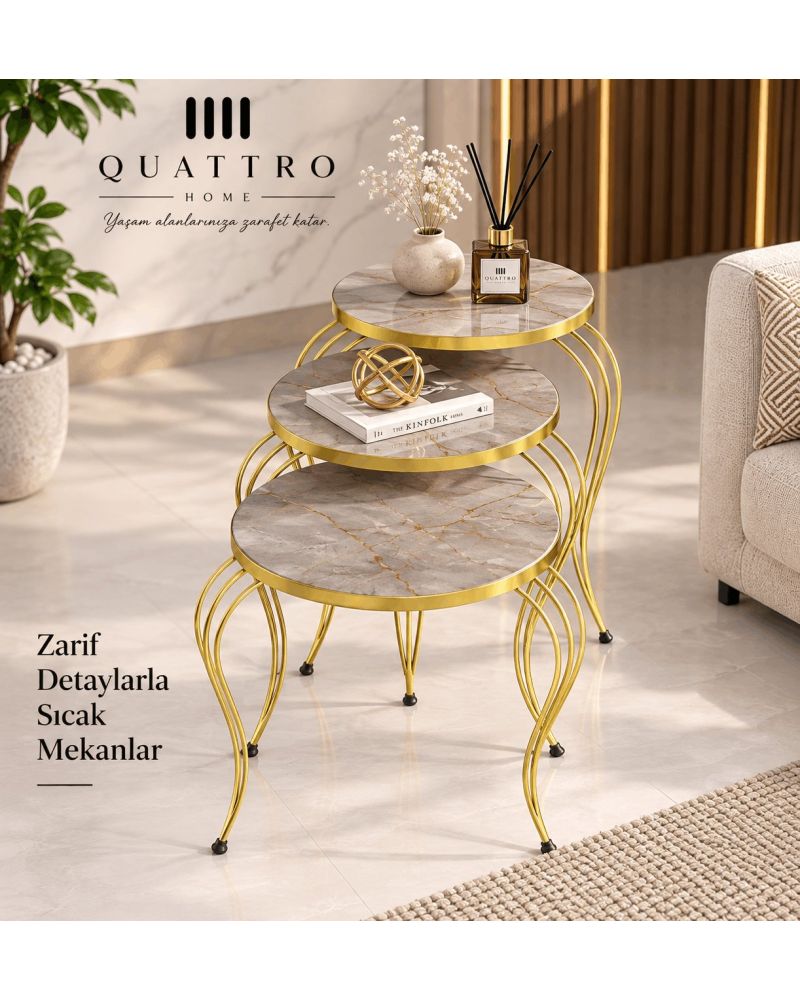 Gri ve Gold Lükens Ayaklı 3'lü Zigon Sehpa Takımı