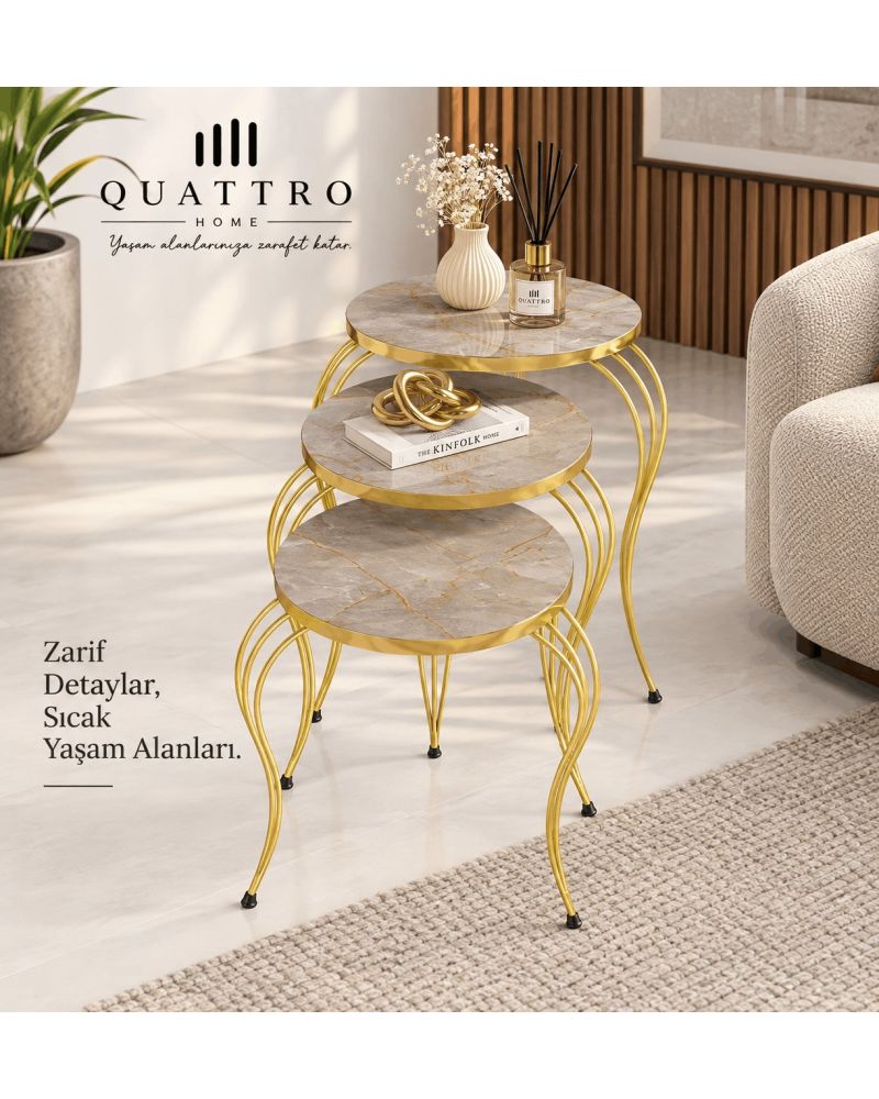 Gri ve Gold Lükens Ayaklı 3'lü Zigon Sehpa Takımı